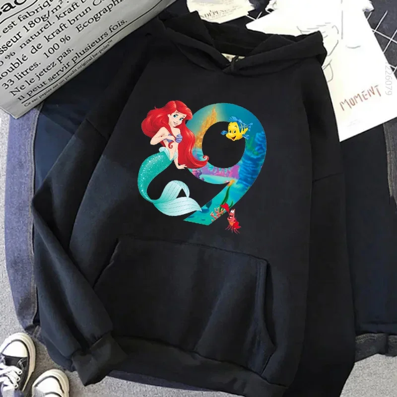 Disney Women Casual Hoodies Hood The Little Mermaid Princess Birthday Numbers 1-9 Graphic Print Hoodie Streetwear Sweatshirt Top