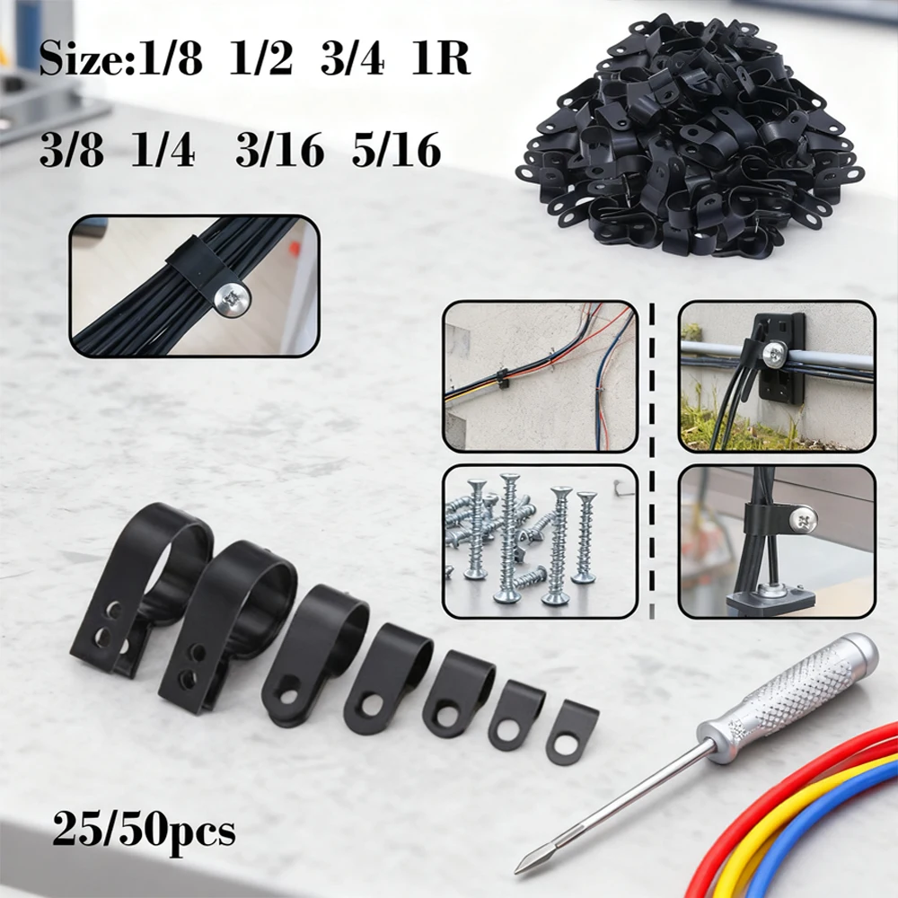 25/50pcs R-Type Black Plastic Cable Clips Nylon Hose Fasteners Durables Clamp Mount Hardware for Wire Management