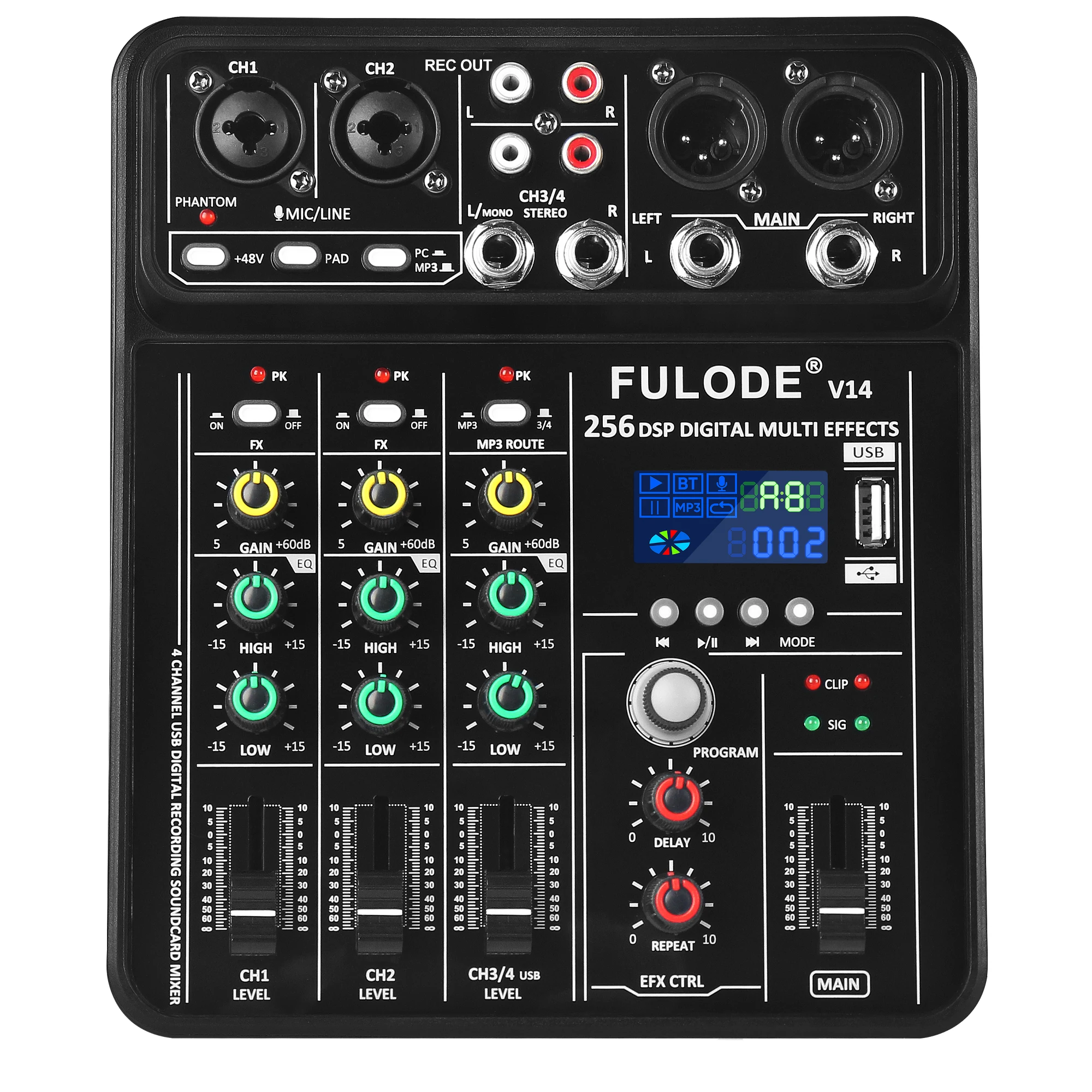 

Portable Professional 4-Channel Audio Mixer 2 AUX Output 256DSP Digital Multi Effects Mixing Console With 48V Power