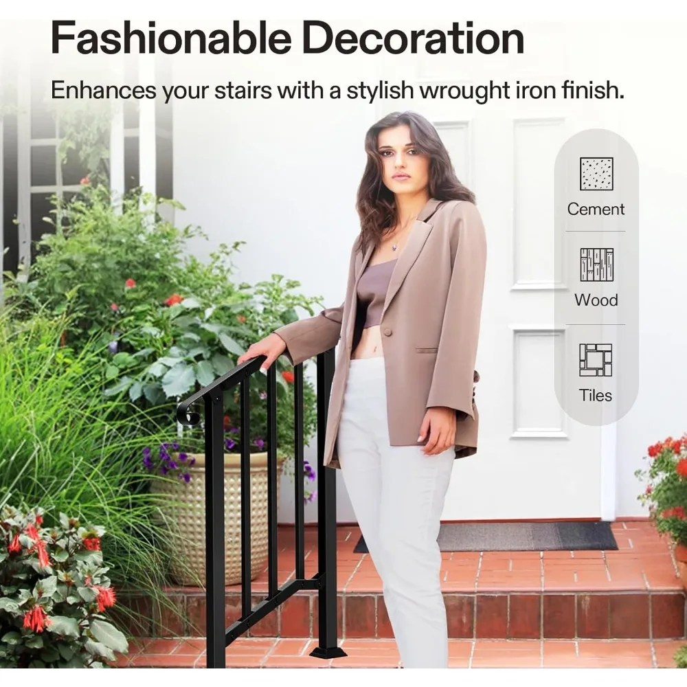 درابزين درج خارجي بخطوتين، 26 × 36، يناسب 1-2 خطوات، درابزين من الحديد المطاوع بأطراف منحنية، لمسة نهائية متينة باللون الأسود غير اللامع