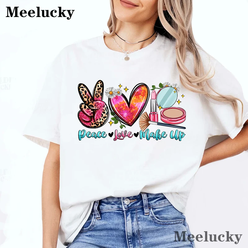 

Peace Love Make Up Letter Pattern Printing Trendy Women's Pure Cotton T-shirt Casual