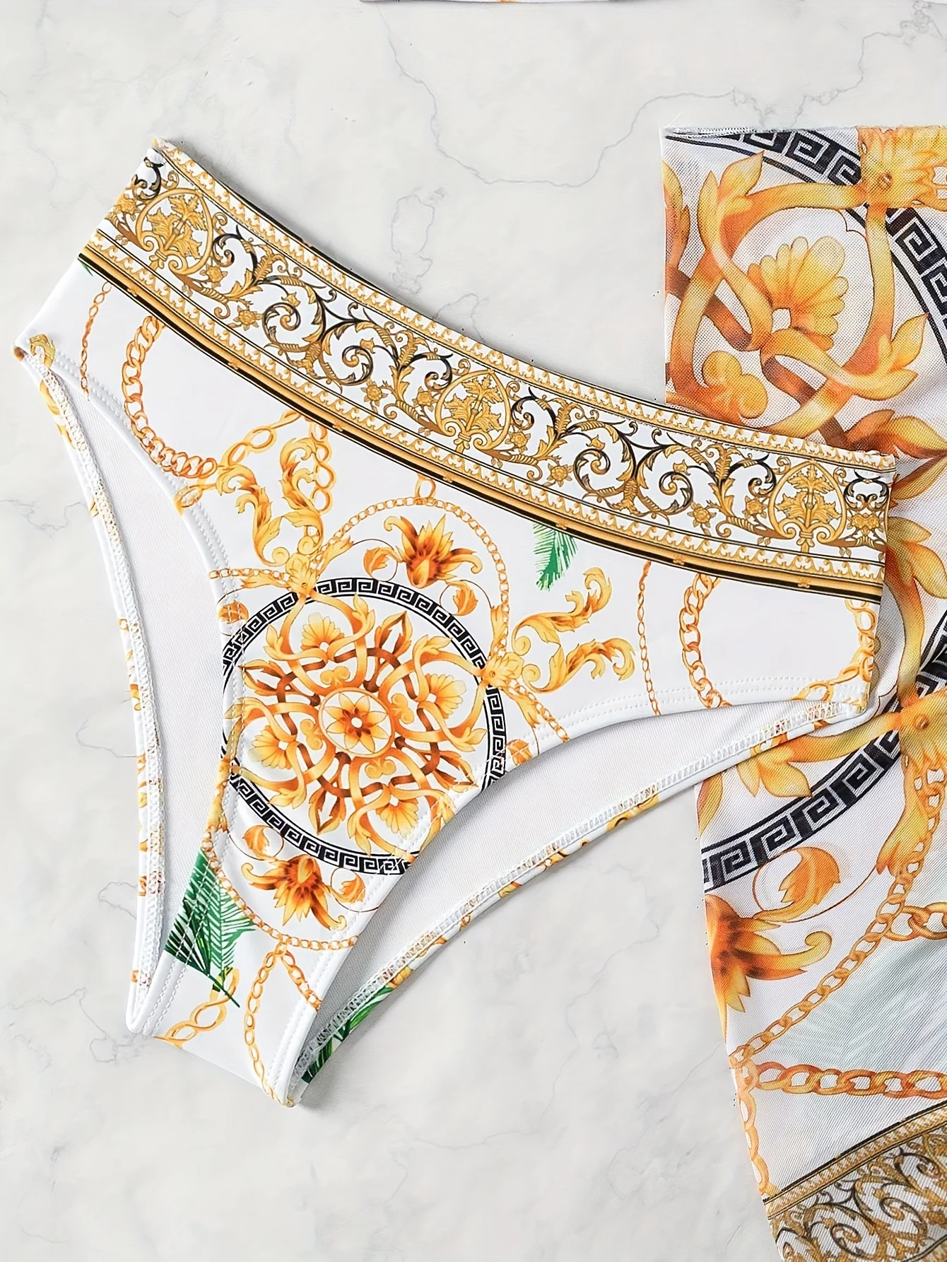 Summer Beach Vacation Chain Print Wrap Dress Bikini Swimwear Three-Piece Set for Women - Image 4