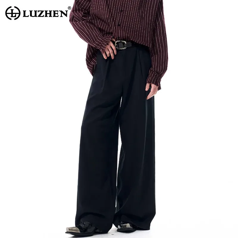 Luzhen cor sólida elegante temperamento calças masculinas em linha reta de alta qualidade 2025 novo original solto perna larga calças casuais jy4309