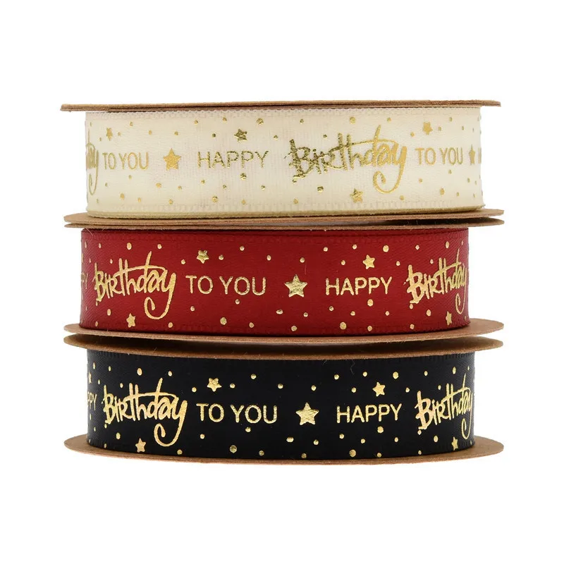 Happy Birthday Ribbon Roll Bronzing Printed Cake Box Packaging Ribbon for Gift Wrapping Crafts, 15 mm X 10 Yards/20 Yards