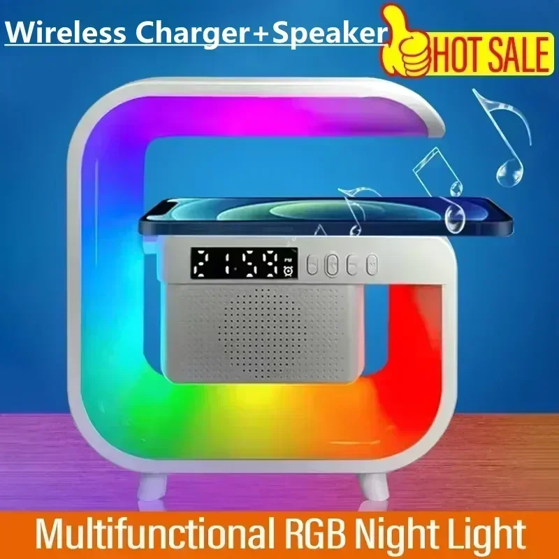 Wireless Charger Stand Pad RGB Light Alarm Clock Bluetooth Speaker For iPhone Samsung Xiaomi Earphone Fast Charging Dock Station