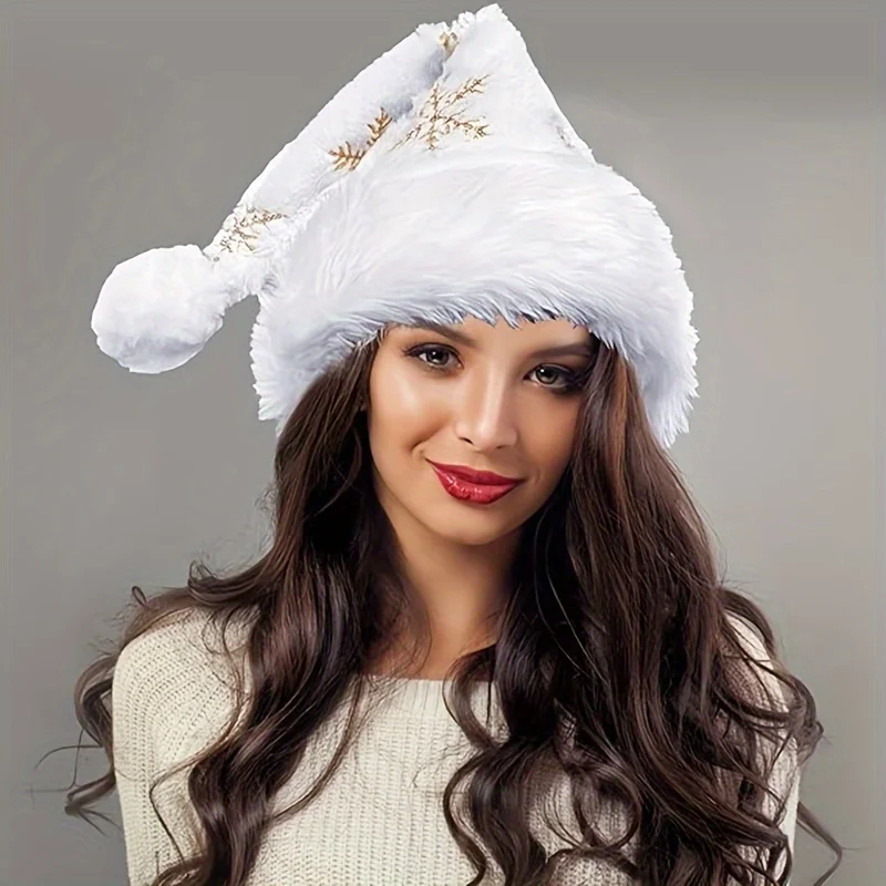 Air-Conditioned Room Wear White Plush Santa Hat with Gold Snowflakes, Lightweight Summer Festive Hat for Indoor Home Parties