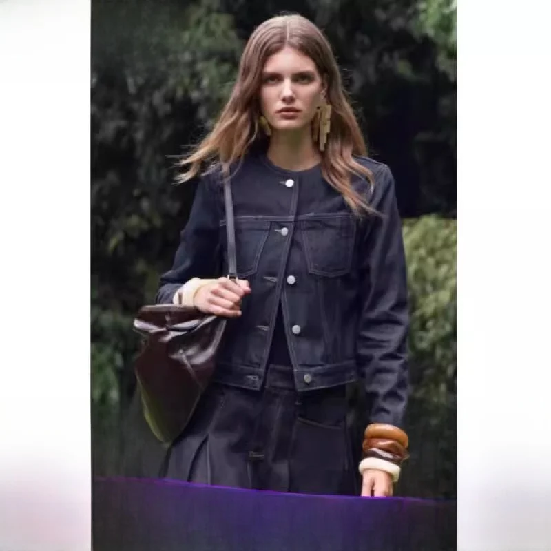 

Deep Blue Long Sve round Ne Denim Jaet Women's New Autumn Faion Outerwear Casual Loose Fit Regular Length