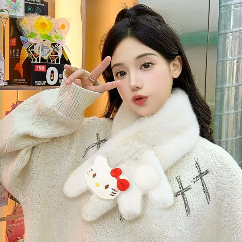 Kawaii Sanrio Scarf Cinnamoroll Neck Cover Female Anime Cute Kuromi My Melody Cross Fluffy Plush Scarf Korean Winter Girl Gifts