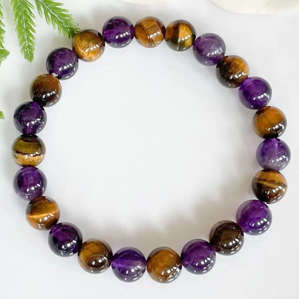 MG1552 Amethyst Tigers Eye Gemstone Bracelet Anxiety Relief Bracelet Women`s Calming Grounding Healing Crystals Jewelry