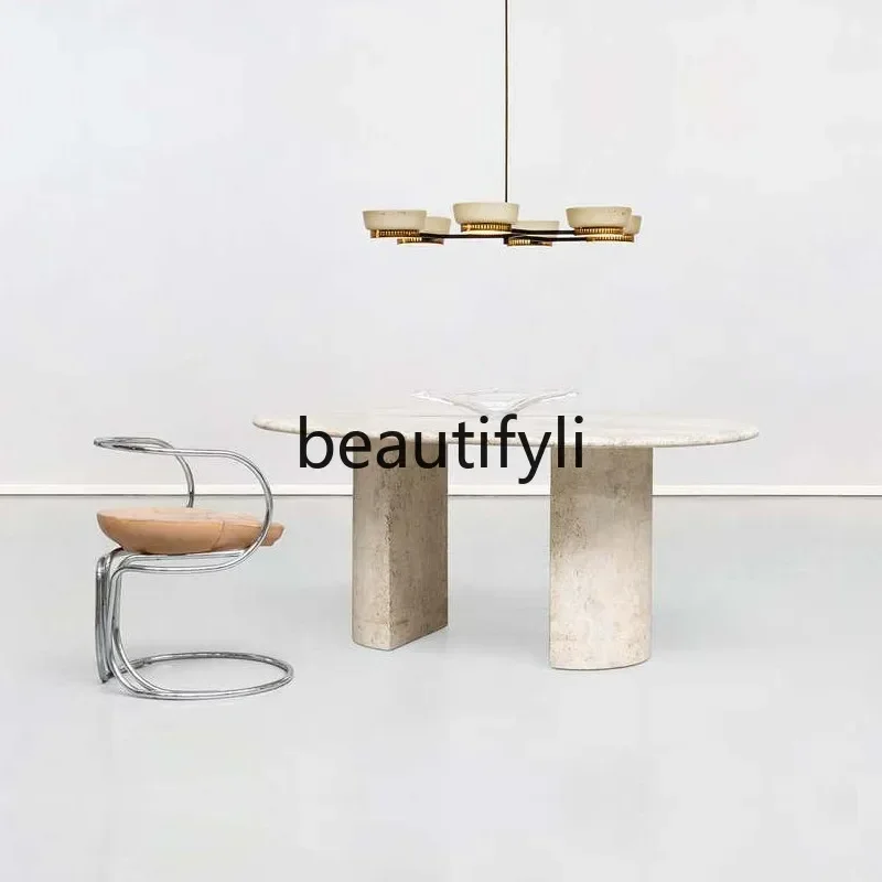 smt1 Cream style dining table natural roman travertine oval light luxury villa living room wabi wind dining table