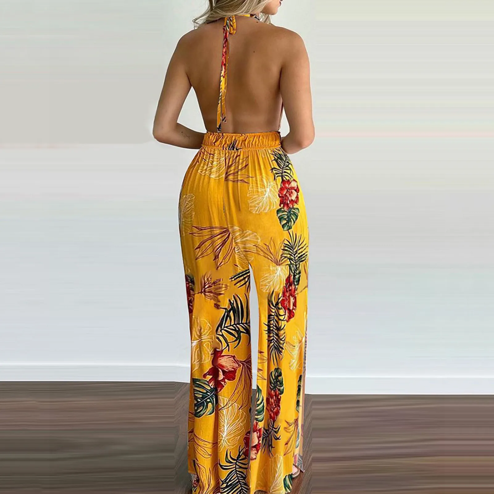 Jumpsuits For Women Backless Print Fashion Leg Jumpsuit Women Floral Slit Women\'S Jumpsuit جمبسوت