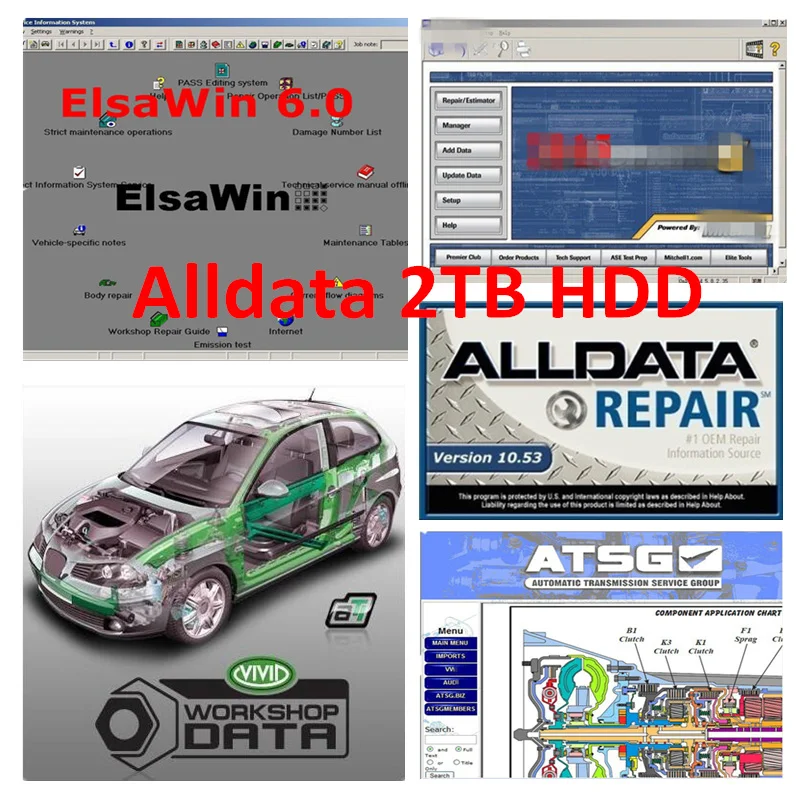 

2022 Hot Auto Repair Software Alldata 10.53 Vivid workshop data ElsaWin6.0 ATSG Auto..data 3.45 Mit..ell install well on 2TB HDD