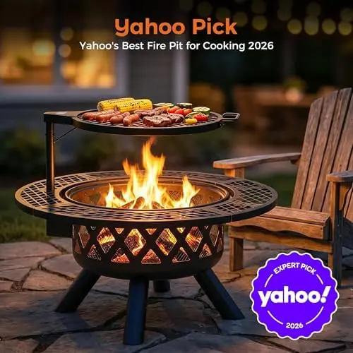 BALI OUTDO Fire Pit with Poker, 32 inch Outdoor Fire Pit Patio, Wood Burning Firts for Outside with Grill | 32 inch