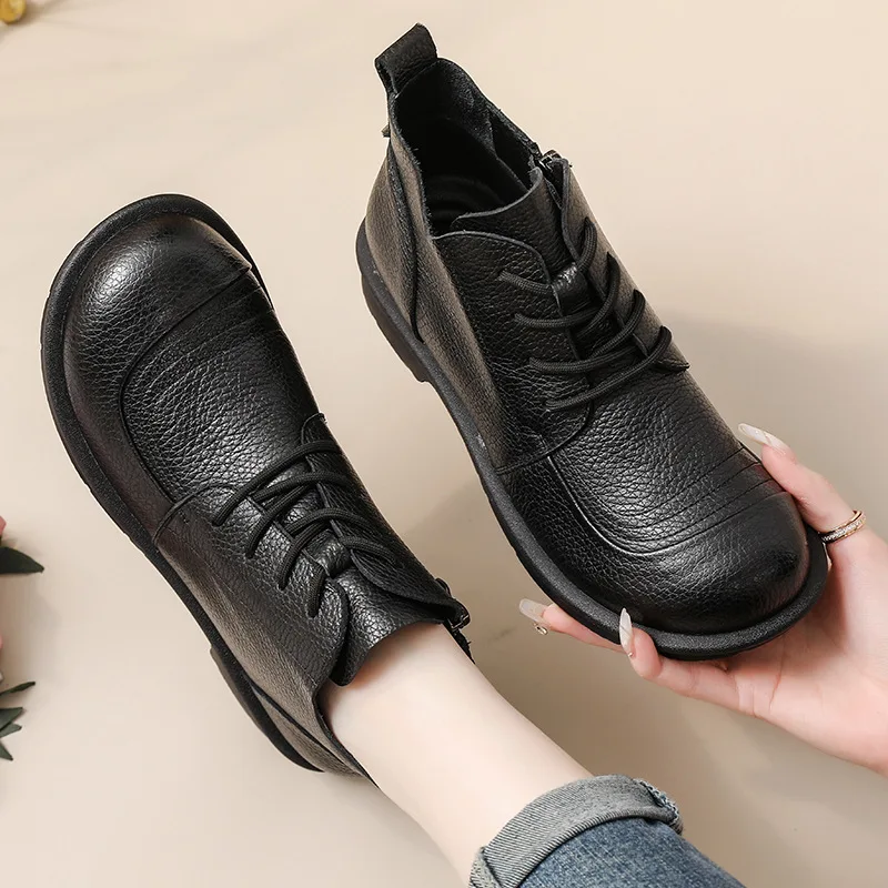 First-Layer Cowhide 2024 New Fall Style Versatile Single Boots Low-Heeled Short Boots Retro Style Genuine Leather Women boot