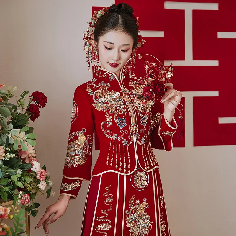 Xiuhe – robe de mariée Dragon et phénix, vêtements pour toasts de mariage, Style chinois, nouvelle collection