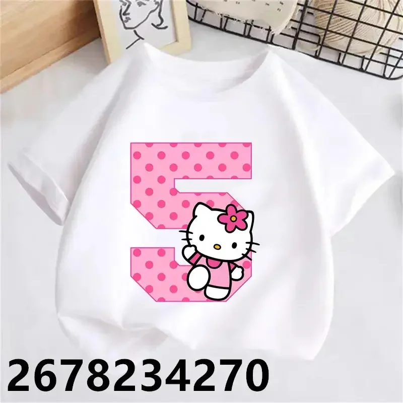 Hello Kitty Children White T-shirt Birthday Number 1-9 Shirts Kawaii Sanrio Y2k Cartoons Kid Girl Boy Streetwear Casual Clothes