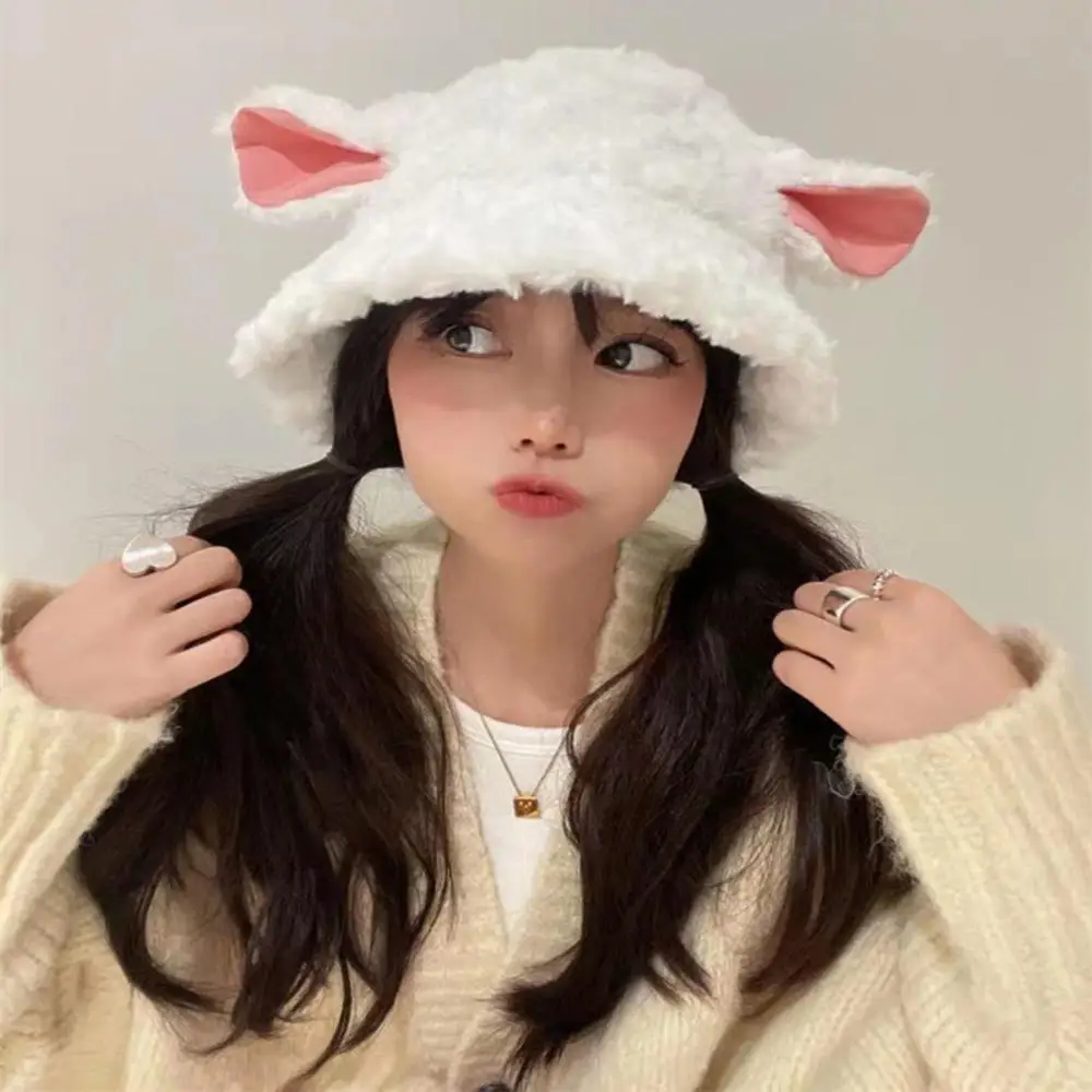 Lamb Faux Fur Bucket Hat for Women Autumn Winter Outdoor Thicken Warm Soft Plush Cute Sheep Ear Panama Fashion Fisherman Caps