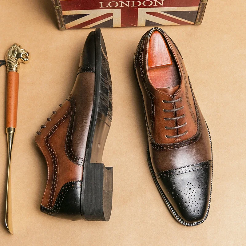 New Men Dress Shoes Brogue Shoes Square Toe Mixed Colors Lace-up Business Shoes for Men with 