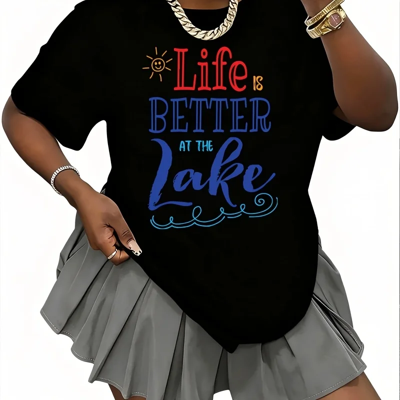 Life Is Better at the Lake Women's T-Shirt 100% Cotton Fun Print Short Sleeve Top Casual Round Neck Tee S-5Xl