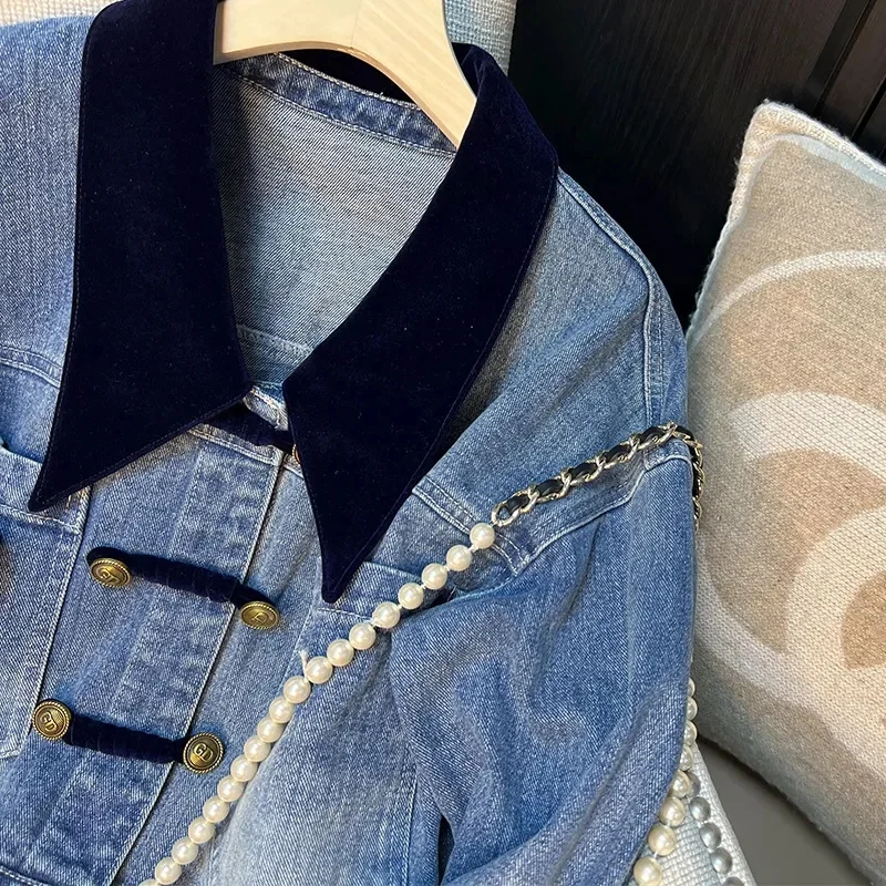 2025 Fashion Ladies Blue Patchwork Colour Denim Short Jacket Coat Women Spring Autumn Jean Outerwear Casual Tops Loose Jackets