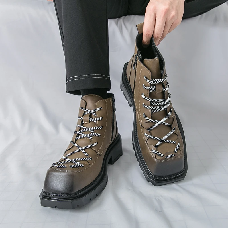 

Men High Top Boots with PU Straps Low Heel Square Toe Fashionable Casual Men Boots