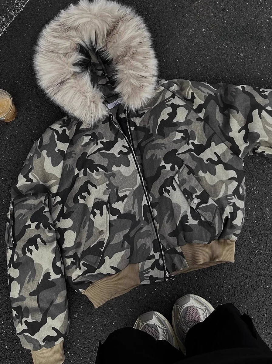 

Куртка-бомбер Thiened Camouflage для мужчин, зимняя теплая, в стиле High Street, с большим меховым воротником, или хлопковая одежда