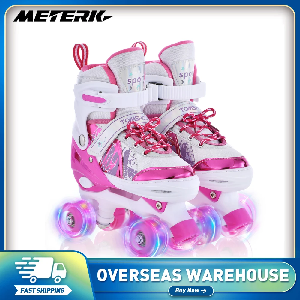 Roller Skates for Children Junior, 4 Sizes Four Wheel Roller Boots Built In Adjuster, Luminous Wheels High-Top Shoes For Kids