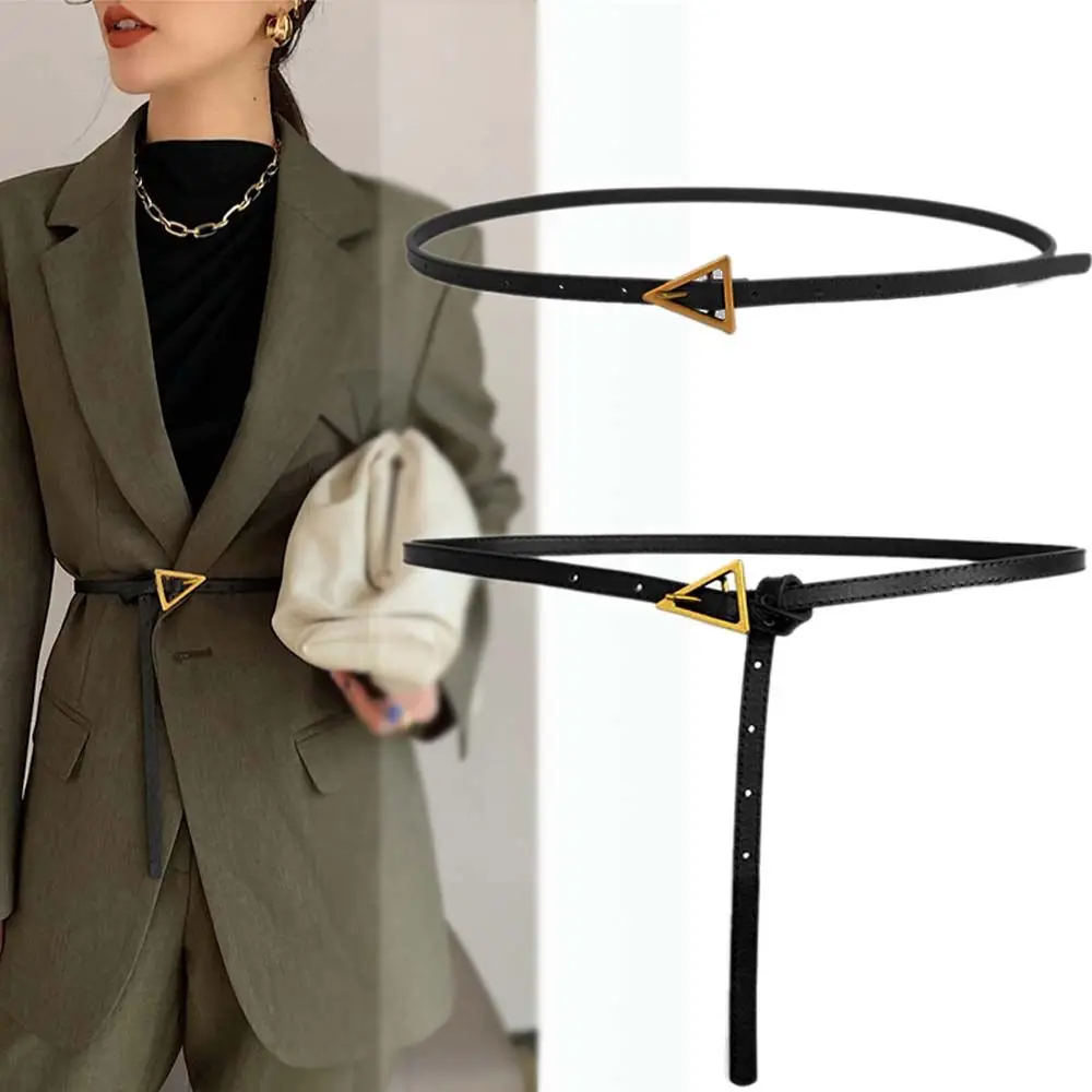 

Simple Casual Black Thin Ladies Golden Triangle Buckle Waistband PU Leather Women Belts