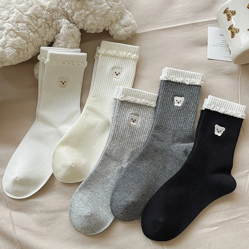 Japanese Lace Ribbed Women's Medium Tube Socks, Cute Bear Embroidered Solid Color Cotton Socks, Simple Ins Wind Stacking Socks
