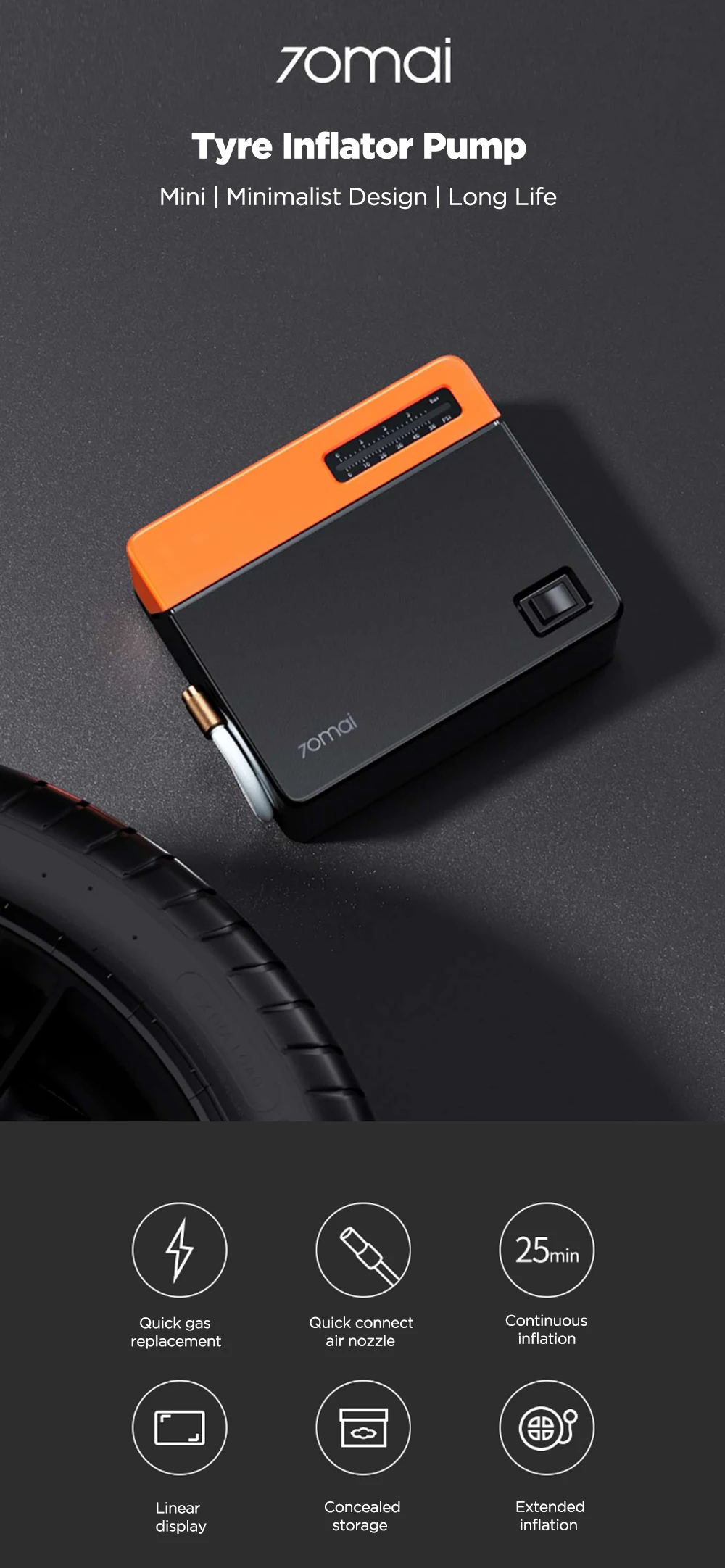 70mai-compresor de aire para coche, bomba de aire eléctrica portátil, Mini compresor, Inflador de neumáticos automático, 12V, datos