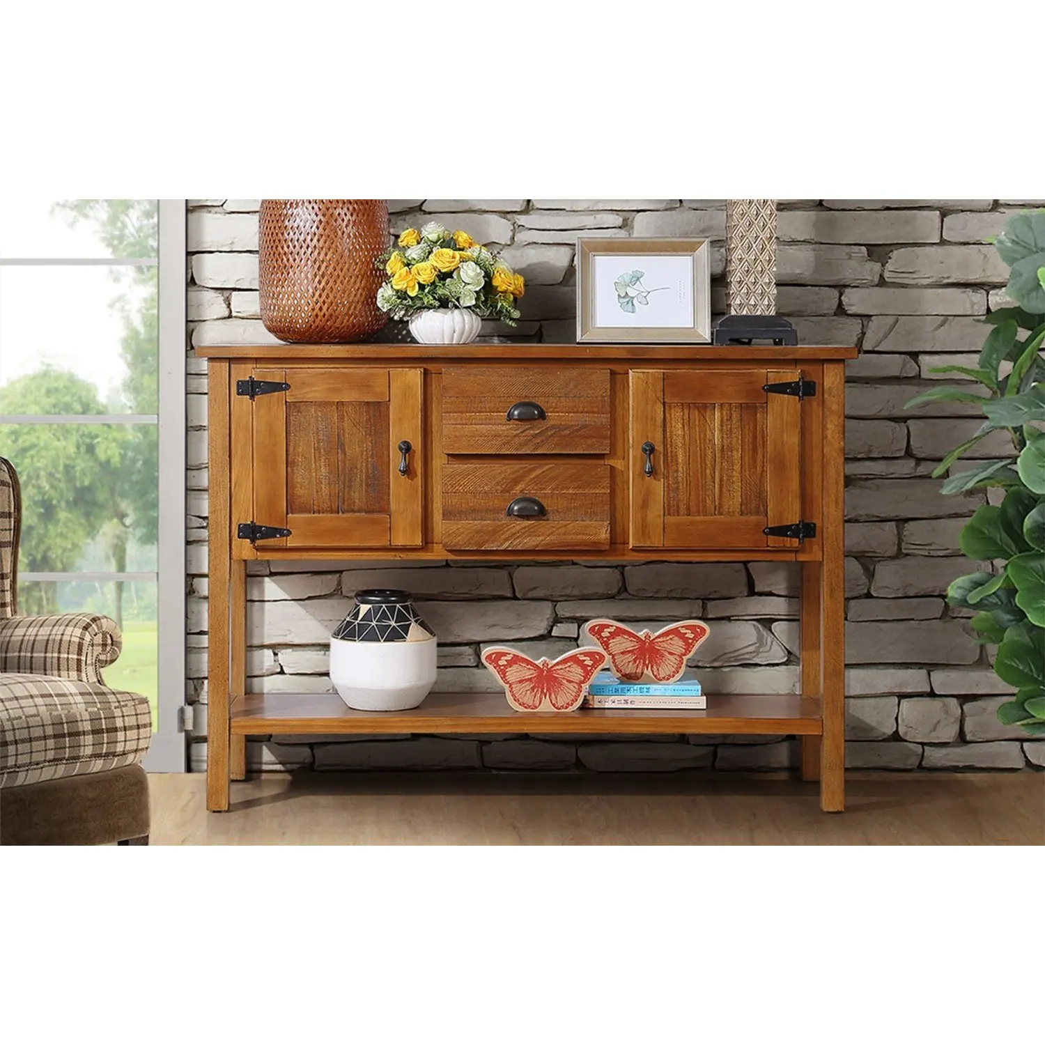 

48'' Solid Wood Sideboard Console Table with 2 Drawers and Cabinets and Bottom Shelf, Retro Style Storage Dining Buffet Server C