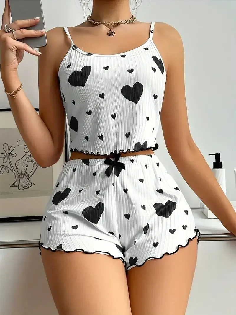 Black Heart Print Pajama Set for Women Undewear Sleepwear Casual Round Neck Backless Crop Top and Shorts Set Loungewear