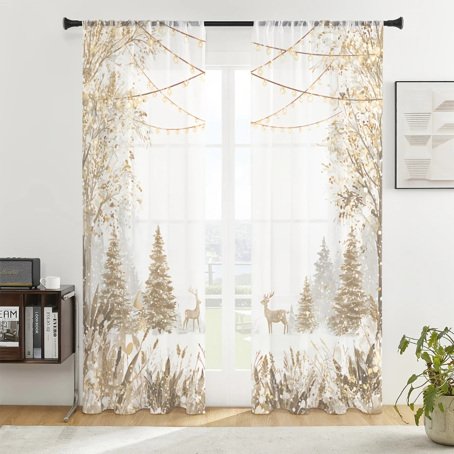 2PCS Christmas Sheer Curtains, Golden Forest Reindeer Pine, Digital Print, Bedroom Living Room, Rod Pocket, Home Decor