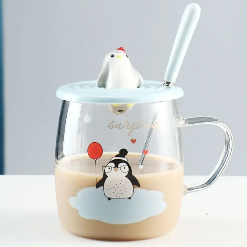 Charming Heat-Resistant Glass Mug with Dustproof Lid, Versatile Mug for Office or Home Brewing, Cheerful Sip Companion