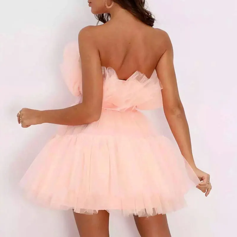 Abito da ballo estivo da donna sexy Solido elastico in vita senza maniche a fascia in filato netto Elegante abito soffice con fiocco Nuovo