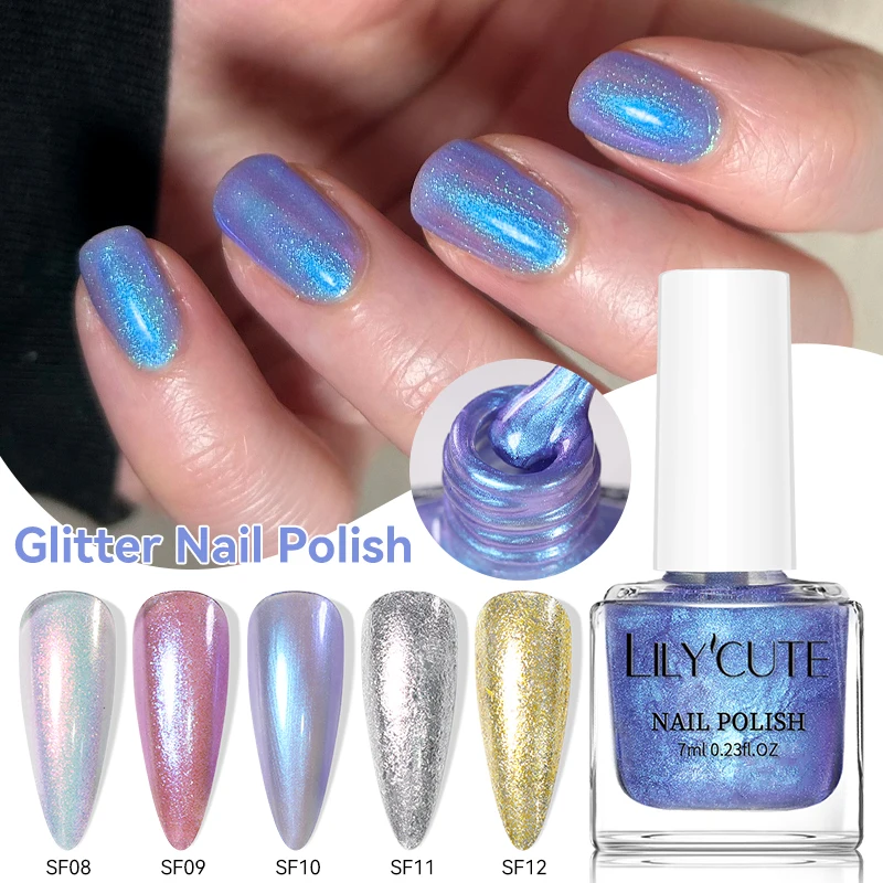 LILYCUTE 7ml 12 Colors Glitter Nail Polish Colorful Bright Shining Pearl Effect Nail Art DIY Decoration No Need of Lamp to Cure