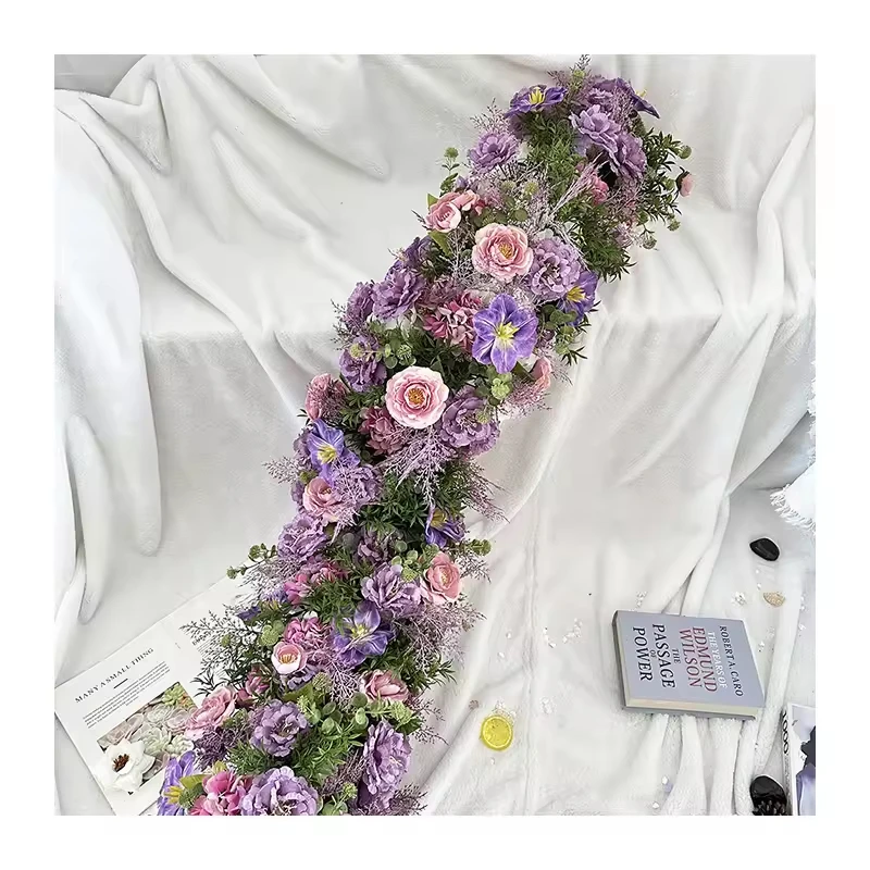 

Uflower 200cm Elegant Atficial Purple Flower Row Runner Artificial Center Stage Background for Wedding Home Party Decoration
