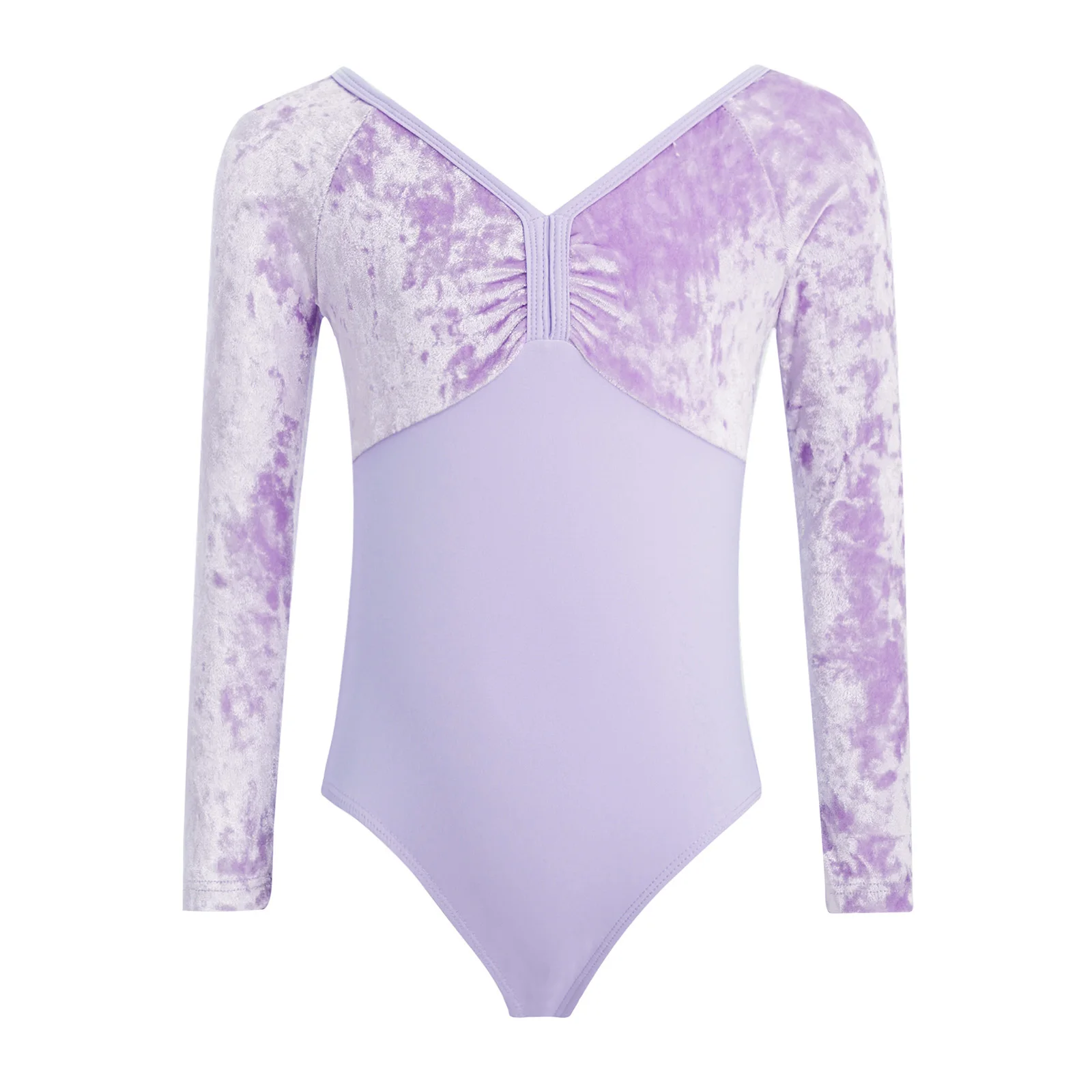 

Kids Girls Ballet Velvet Patchwork Leotards Costume Rhythmic Gymnastics Jumpsuits Dancewear Long Sleeve Ruched Dance Bodysuits