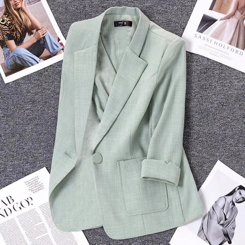 Light Green Linen Suit Short Jacket for Women Thin Korean Style Small High-end Casual Suit Temperament Top