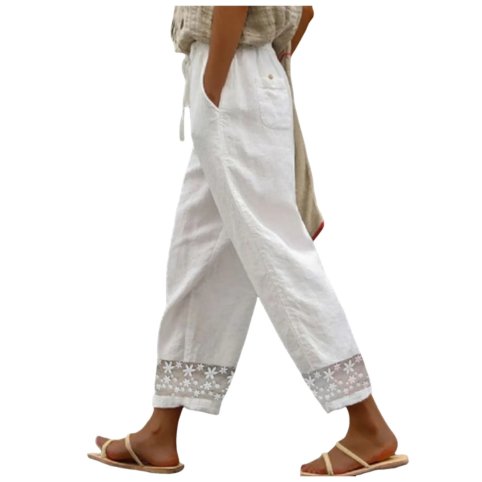 Summer White Cotton Linen Pants Women Boho Elastic Waist Pant With Pocket Loose Floral Embroidery Straight Trousers Pantalones