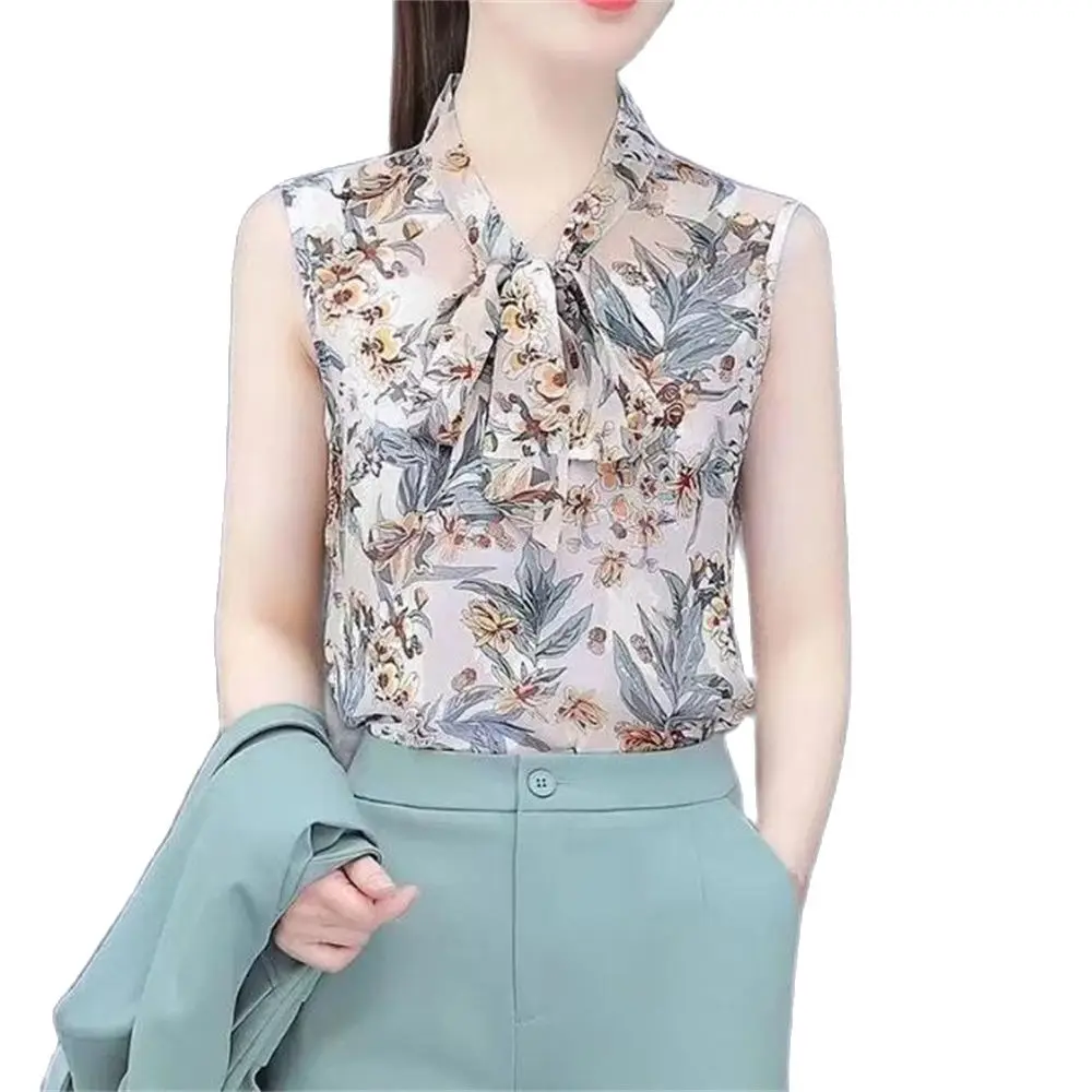 Women's Summer Style Chiffon Blouse Lady Casual Sleeveless Bow-Tie Collar Flower Printed Blusas Print Tops Waistcoat