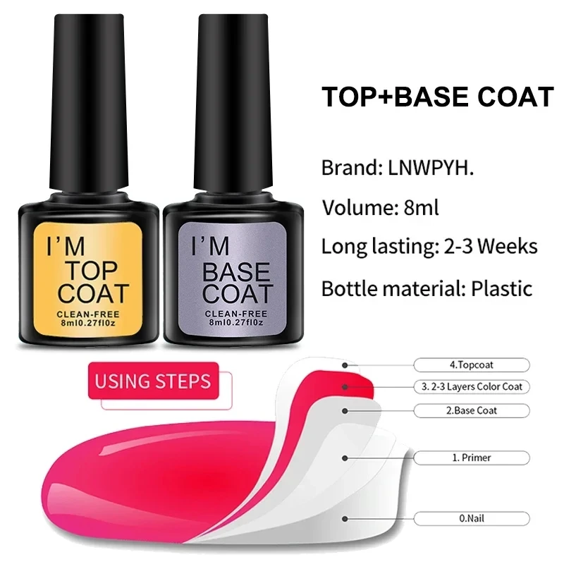 Set de 4 piezas de esmalte de gel transparente superior y base, kit de manicura semipermanente, esmaltes removibles con remojo LED UV 2