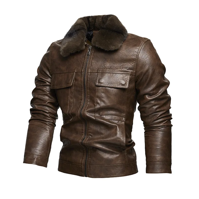 

High Quality Fur Collar Trend Korean Keep Warm Casual Men's Fashion Leather Jacket Motorcycle Jacket Windproof Leather Jacket