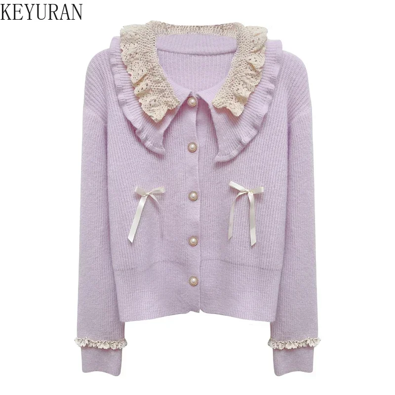 Sweet Peter Pan Collar Sweater Coat Women Autumn Winter Chic Loose Outwear Female Elegant Bow Knitted Cardigan Mujer Crop Tops