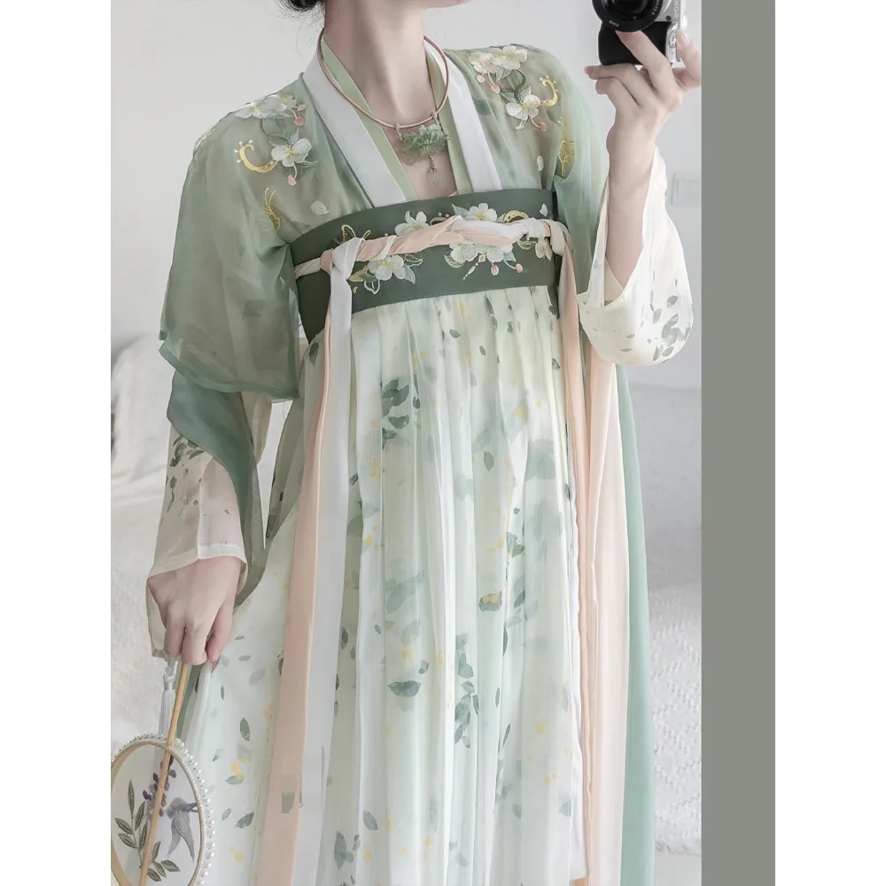 Robe d'été de la dynastie Tang prairie pour femme, Xianqi élégant, jupe longue sur la poitrine, ensemble Hanfu pour femme, vert, vent, 03