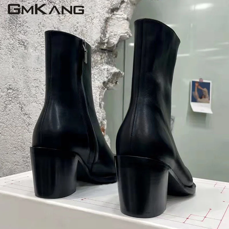 Metalowe szpiczaste buty z krótkim noskiem kobieta z prawdziwej skóry Chelsea Boots kobiety z kwadratowym obcasem buty na wybiegu kobiety czarne