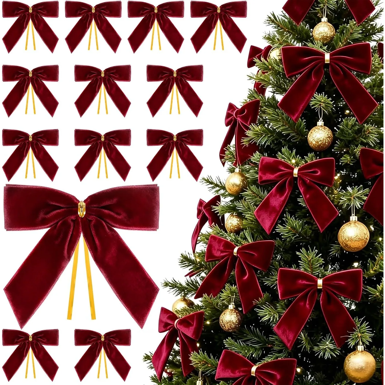 22Pcs Burgundy Velvet Bows for Christmas Tree Vintage Velvet Ribbon Bows Holiday Ornaments Xmas Decor Gift Wrapping Wedding