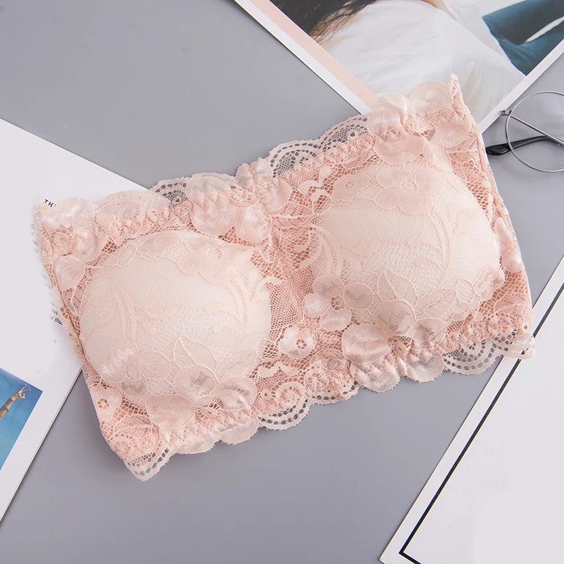 Sutiã de renda com design floral para as mulheres, lingerie sexy, bustiê sem alças com fechamento traseiro, tubo sem alças