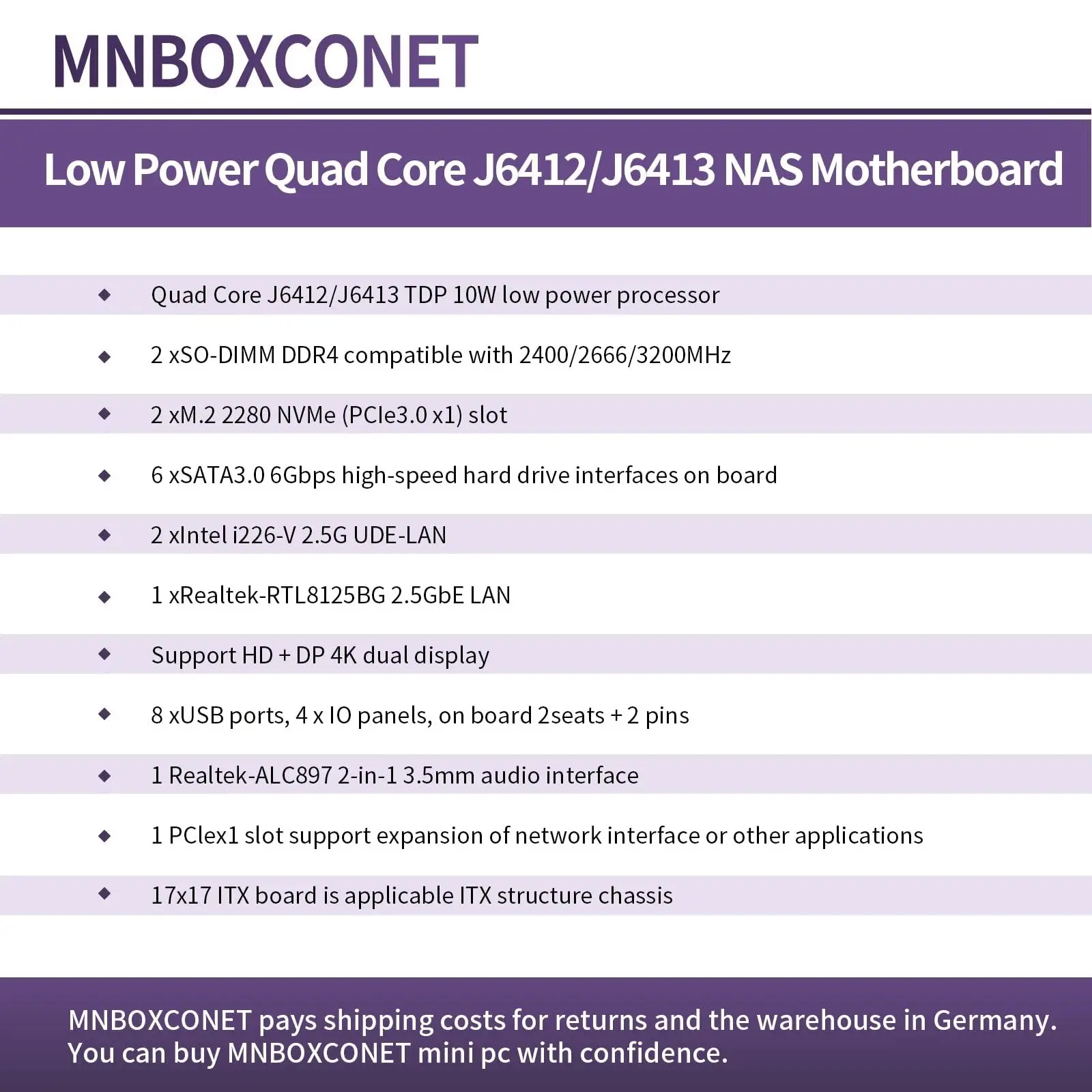 MNBOXCONET NAS Motherboard J6413 Processor Low Power, UHD Graphics, Firewall Mini-ITX NAS Board, 2 x i226V 2.5GbE LAN