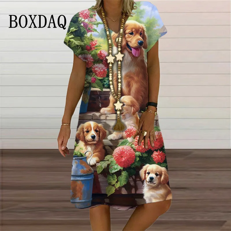 Harajuku Dress Dog Graphics Printed Loose Short Sleeve Dresses Summer Oversized Casual Knee-Length Dress Animal Women Clothing